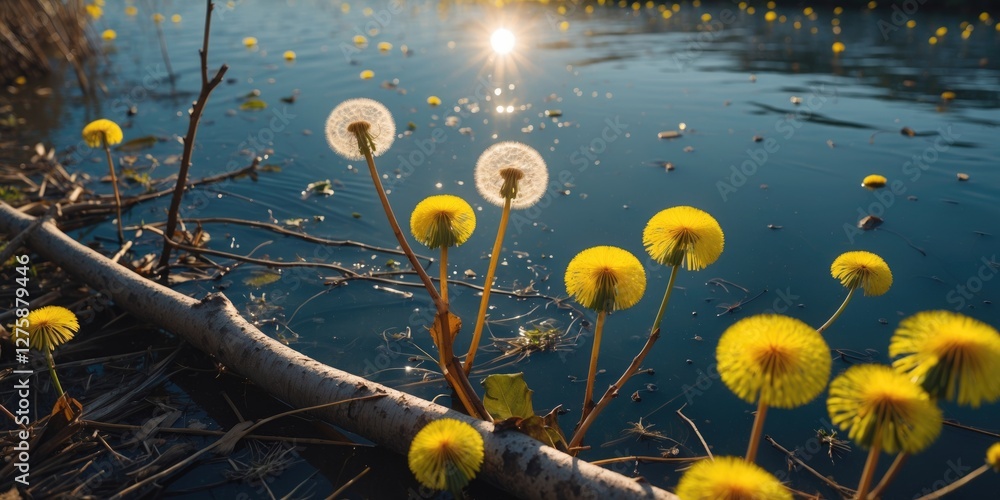 Poster sunlit dandelions by water with reflection and empty space for text perfect for nature and spring th