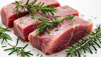 Fresh Raw Meat with Garnished Rosemary Sprigs on Clean White Surface for Culinary and Food Presentation Purposes
