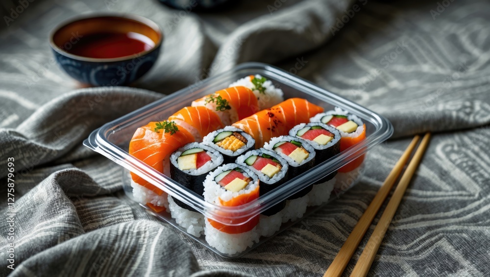 Poster sushi rolls in clear plastic container on fabric surface with copy space for text and accompanying s