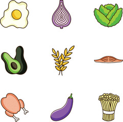 healthy food icons consist of eggs, onions, cabbage, avocado, wheat, salmon, chicken, eggplant and enoki mushrooms