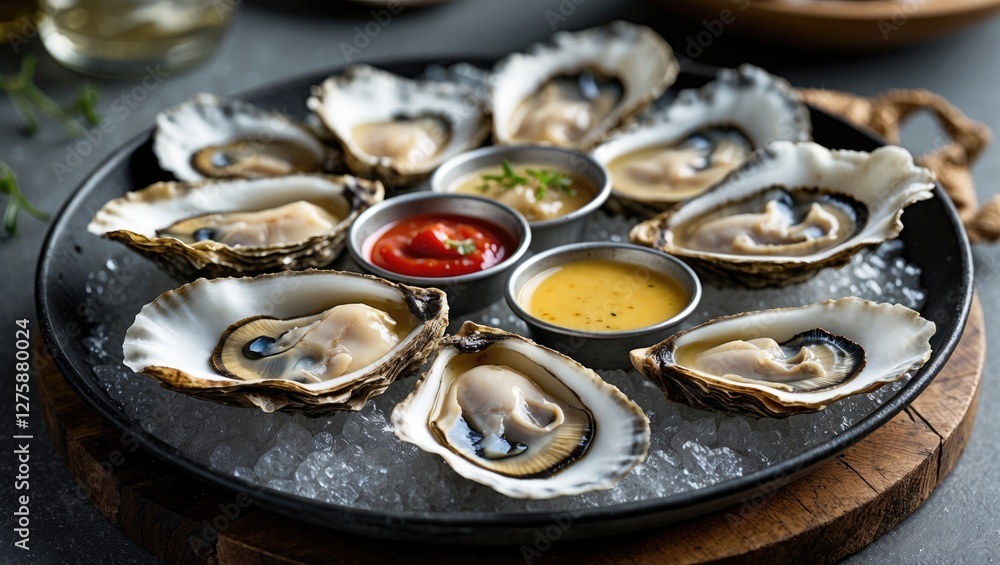Aufkleber oysters on ice with dipping sauces and empty space for text in a rustic serving platter perfect for 