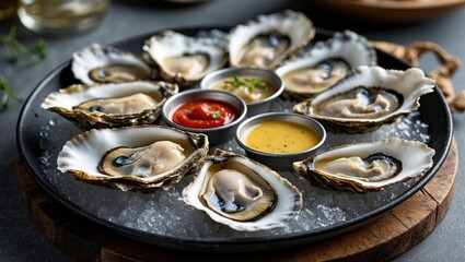 Oysters on Ice with Dipping Sauces and Empty Space for Text in a Rustic Serving Platter Perfect for Culinary Promotions