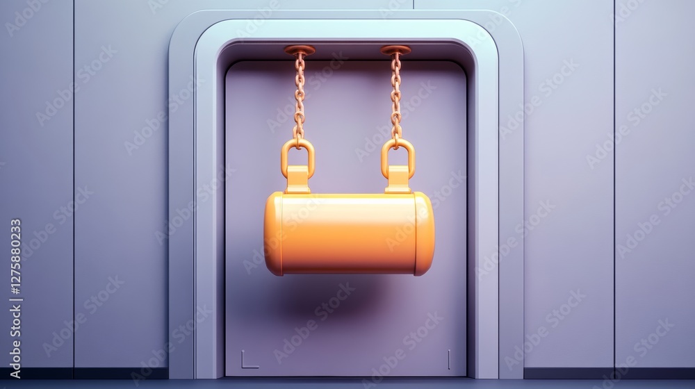 Aufkleber a 3d render of a yellow cylindrical tank hanging from chains in a minimalist gray doorway. the scene