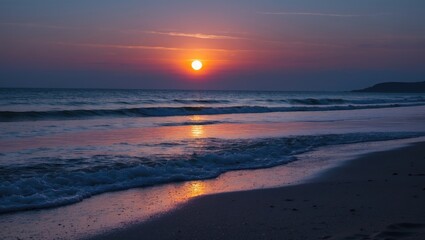 Serene Midnight Beach Sunset with Gentle Waves and Colorful Sky Reflections