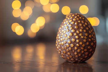 A whimsical scene of a large, shimmering chocolate Easter egg nestled in a lush garden. Soft sunlight filters through the trees, creating a dreamy atmosphere.