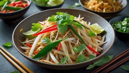 Delicious Pad Thai with Fresh Vegetables and Herbs Served in a Rustic Bowl Perfect for Asian Cuisine Promotions and Food Photography