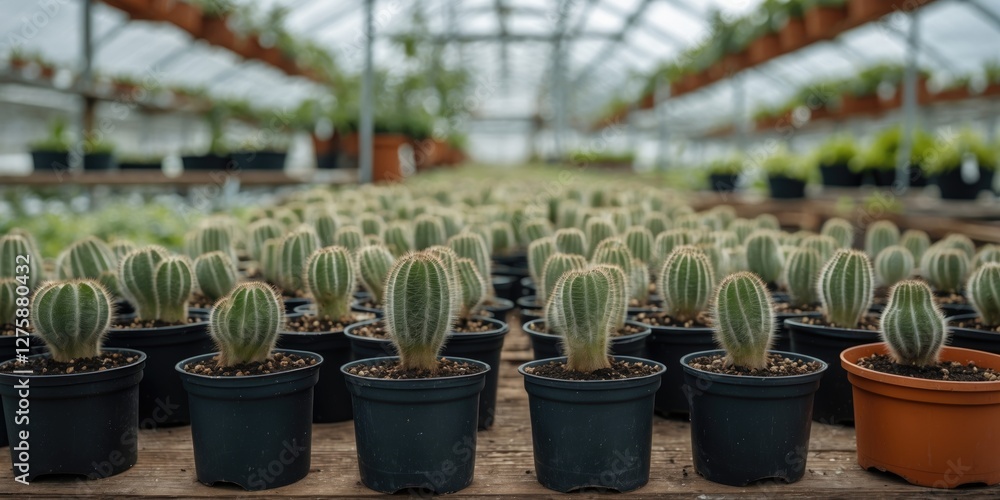 Poster cacti in black pots arranged neatly in greenhouse with abundant light and space for text or graphics