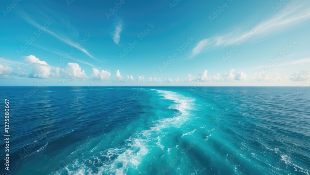 Poster tranquil ocean view under bright blue sky with flowing waves and ample blank space for text or desig