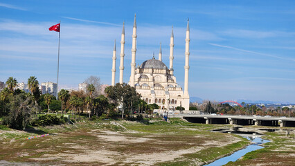 Sabanci Central Mosque and Girne Bridge on Seyhan River in Adana