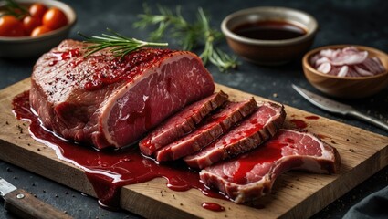 Freshly sliced red meat on a wooden cutting board with blood and sauce, complemented by ingredients and empty space for text.