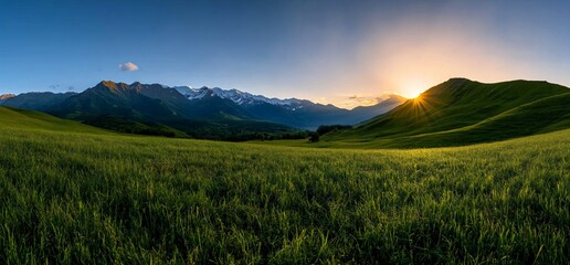 Golden hour illuminates verdant meadows and majestic snow-capped mountains