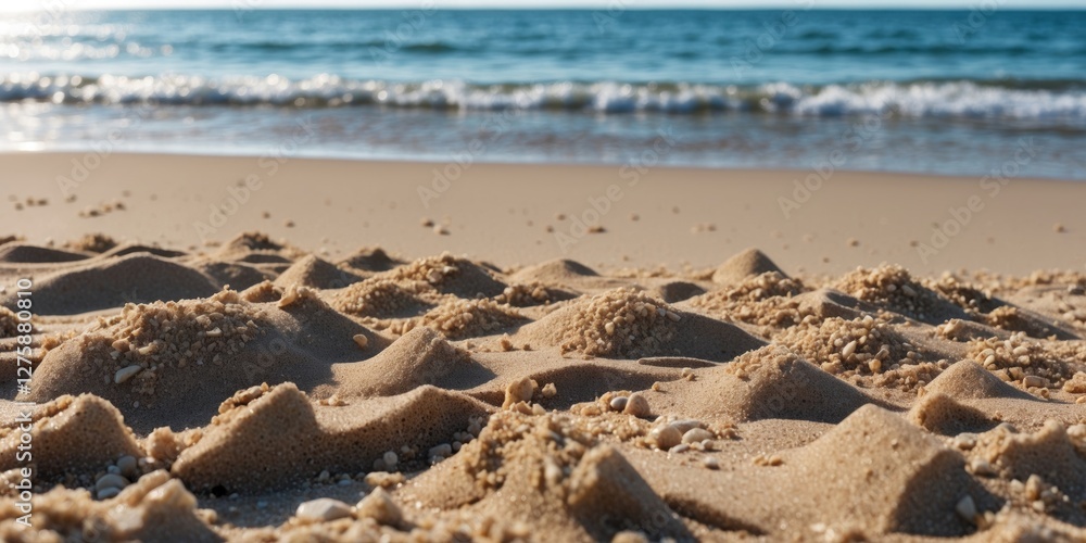 Aufkleber scenic view of sandy beach with text space and gentle ocean waves in background for relaxation or va