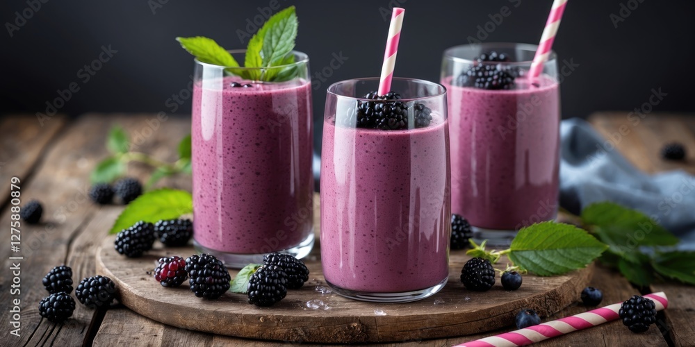Poster refreshing mulberry smoothies with berries on wooden table and copy space for text in a rustic setti