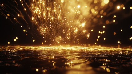 A dazzling display of golden sparks bursts into the night sky, illuminating the serene surface of water below with shimmering reflections.