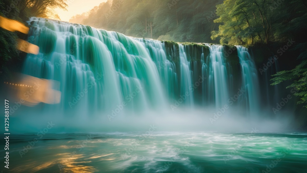 Poster serene motion blur of water cascading over a waterfall with lush greenery and soft light for blank t