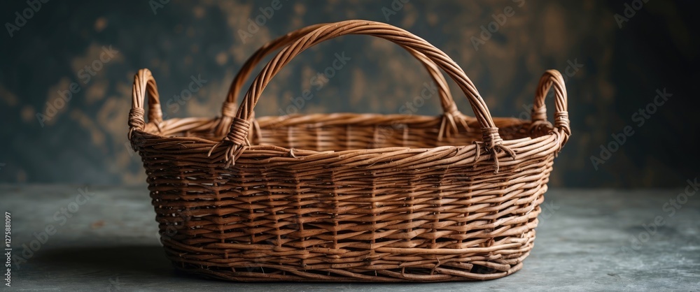 Poster rustic wicker basket on textured background displaying natural craftsmanship and versatile uses in h