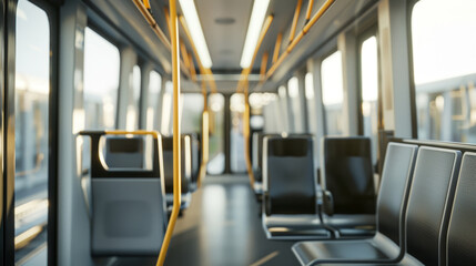 Modern train carriage interior with sleek seating, bright lighting, and a futuristic design, capturing the essence of urban commuting, public transport efficiency, and contemporary mobility.