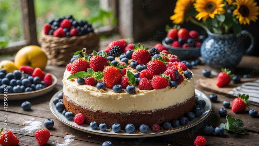 Poster summer cake still life display featuring fresh fruits and berries against rustic background with cop