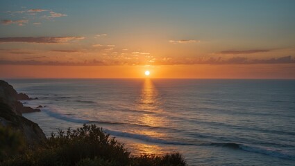 Naklejka premium Tranquil Sunset Over Calm Ocean Waves with Silhouetted Coastal Landscape and Soft Cloud Reflections in the Evening Sky