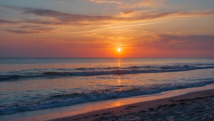 Obraz premium Tranquil Sunset Over Gentle Waves at Serene Beach Shoreline