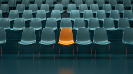 Naklejka premium Single vibrant orange chair among symmetrical rows of gray seating in empty corporate hall creating powerful visual metaphor for individuality and leadership in modern business setting.
