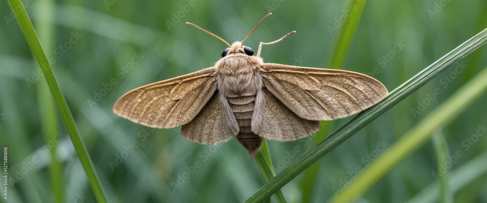 Poster closeup of a moth on grass blade with soft focus background and blank space for text in nature photo