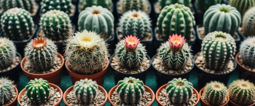 Poster collection of various cacti in small flowerpots showcasing vibrant colors with space for text, perfe