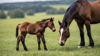 Fototapeta premium Newborn Foal Playing Beside Mother Horse In Lush Green Meadow With Room For Text And Landscape Background