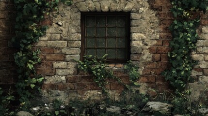 A rustic stone wall adorned with ivy, featuring an old wooden window, creating a tranquil and timeless atmosphere.