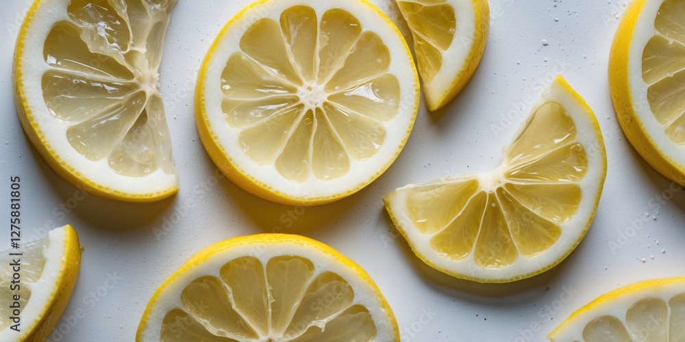 Aufkleber vibrant fresh lemon slices arranged on light background with space for text or branding use