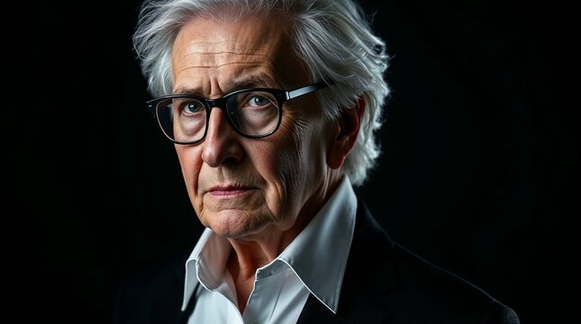 Serious elderly man in glasses with business suit on black background
