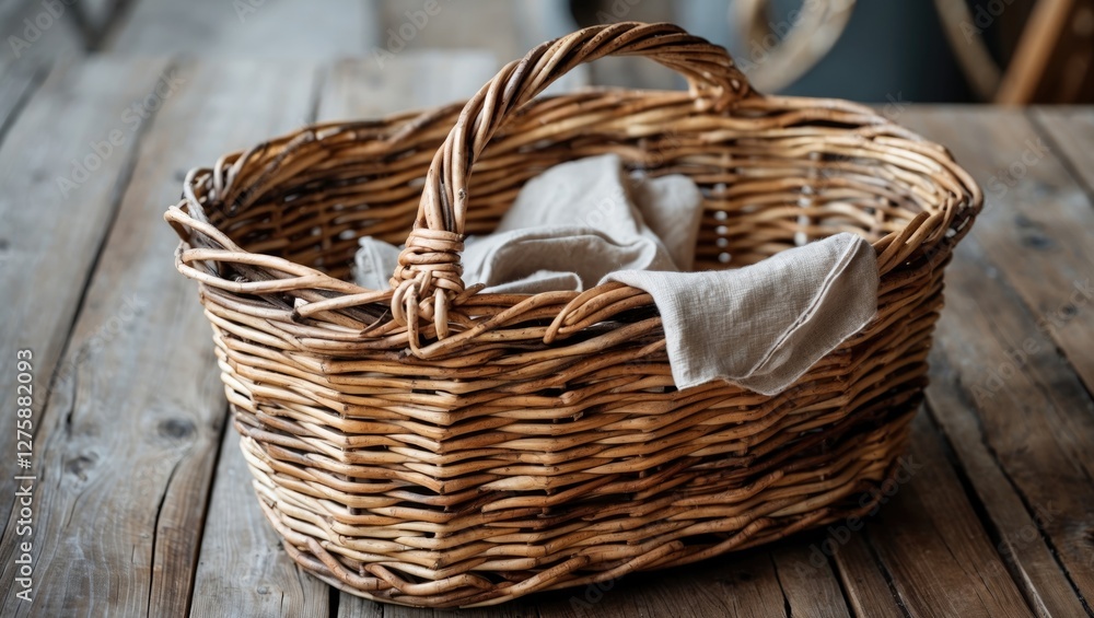 Poster rustic wicker basket with linen cloth on wooden table surrounded by negative space for text and desi
