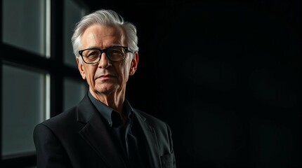 Obraz premium Serious elderly man in a business suit at the window on a black background, copy space