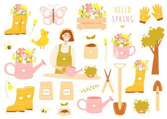 Set of cute gardening and spring vector elements isolated on white background - flowers compositions, girl gardener watering plant, gardening tools, watering can, rubber boots, sprout, seeds, tree
