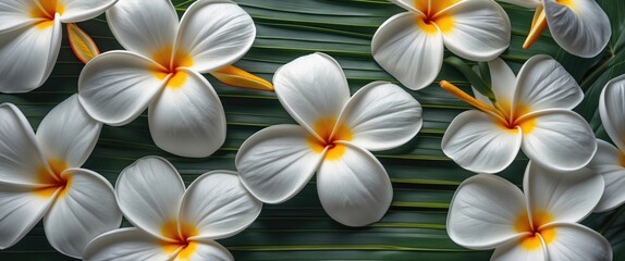Fototapeta premium Plumeria Flowers on Green Leaves with Empty Space for Text in a Tropical Setting Nature Background
