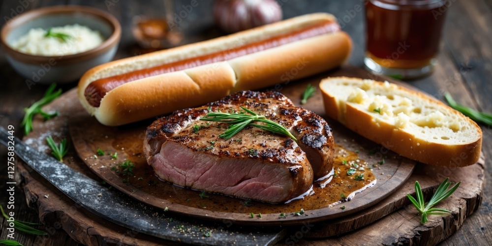 Poster delicious pork steak with hot dog and garlic bread on wooden board with empty space for text in rust