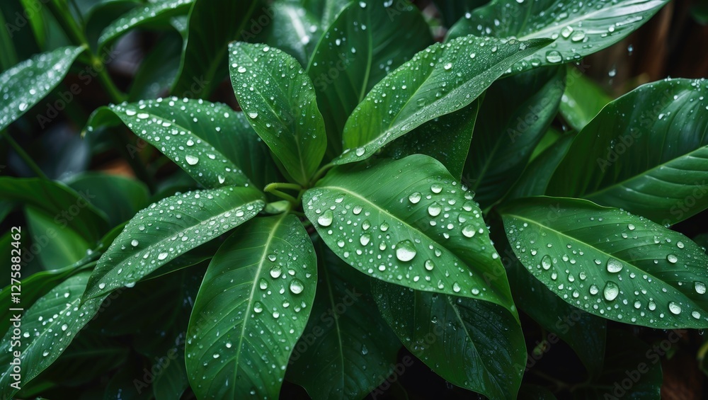 Poster fresh calathea leaves with rain droplets macro close-up natural botanical background with copy space