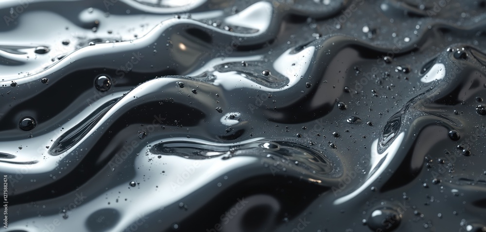 Aufkleber Close-up shiny liquid metal texture with bubbles in silver gray color. Metallic background with highlights, shimmers, dynamic waves and smooth curves for web design.