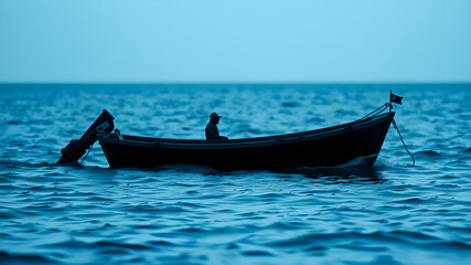 Naklejka premium A small boat drifting peacefully in the middle of the vast ocean, surrounded by endless blue water and a clear sky. A serene and tranquil scene that evokes a sense of solitude.