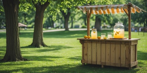 Naklejka premium Summer Lemonade Stand on Green Lawn Featuring Refreshing Drinks and Fresh Lemons in a Serene Park Environment with Empty Text Space