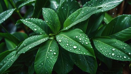 Fototapeta premium Fresh Calathea Leaves with Rain Droplets Macro Close-Up Natural Botanical Background with Copy Space for Text in Lush Greenery