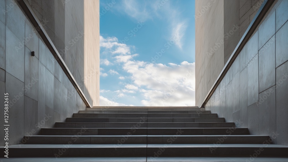 Poster staircase leading up towards bright sky with ample space for text in modern architectural setting