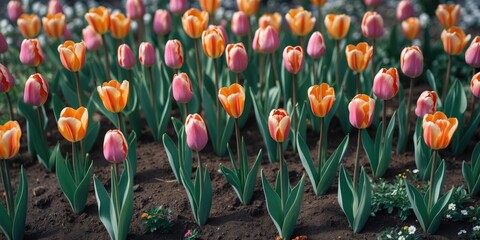 Colorful Tulip Flower Bed in Bloom During Spring with Vibrant Blossoms and Lush Green Foliage Perfect for Seasonal Text Overlay