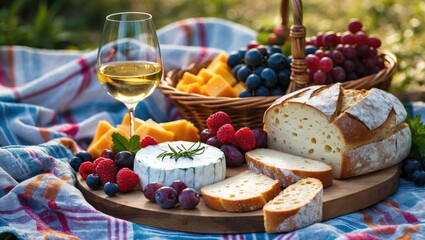 Outdoor Picnic Spread Featuring Wine, Cheese, Fresh Fruits, and Bread with Vibrant Colors and Inviting Atmosphere for Summer Gatherings