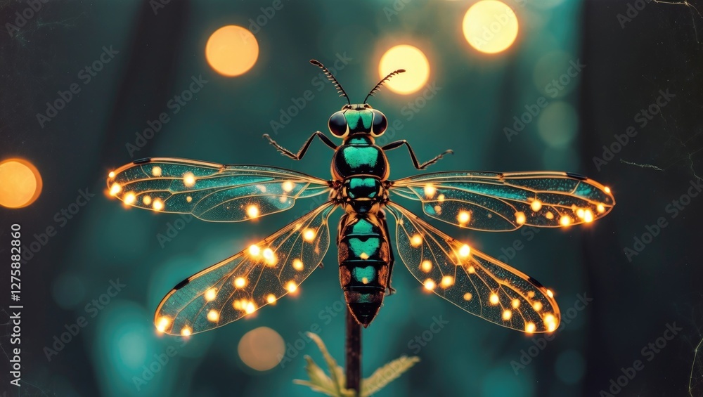 Poster bioluminescent fireflies captured at night with glowing light display and copy space for text in a n