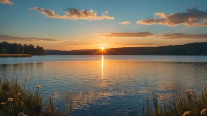 Fototapeta premium Serene Sunrise Reflection Over Tranquil Lake With Lush Greenery And Clear Sky For Inspirational Text Space