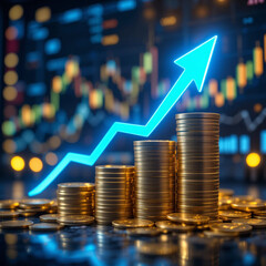 Stacked Gold Coins with Upward Arrow Symbolizing Financial Growth Economic Success Market Trends
