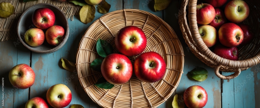 Poster red apples arranged in wicker plates and baskets on a rustic wooden table surrounded by leaves and f