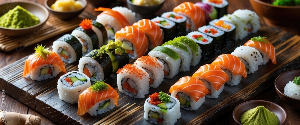 Poster delicious assorted sushi rolls served on a rustic wooden board with empty space for text or menu ite