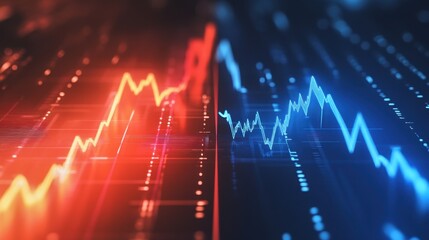 Dynamic data visualization with red and blue line graphs representing fluctuating market trends, conveying a sense of motion and analysis.